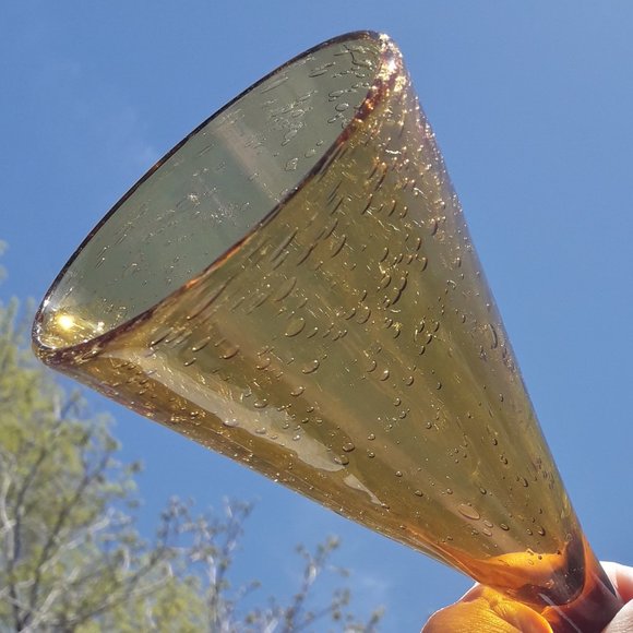 Vintage Golden Wine Goblets Bubble Glass Handmade Signed French Artist France - Picture 4 of 16